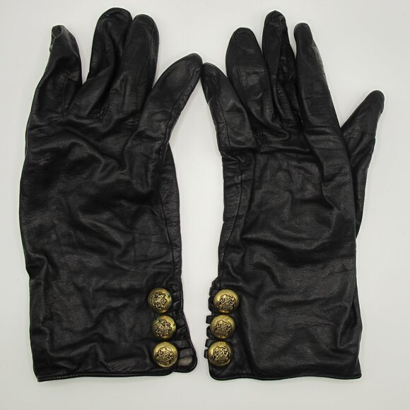 Ladies Anne Klein black leather gloves with gold buttons, silk lined, 7.5 - Picture 1 of 7